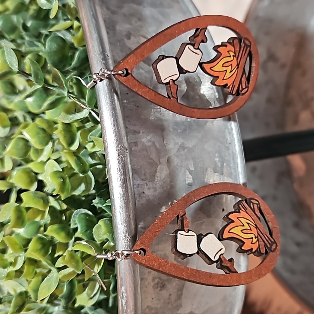 Wooden Laser Cut Bonfire Earrings - Picture 1 of 2